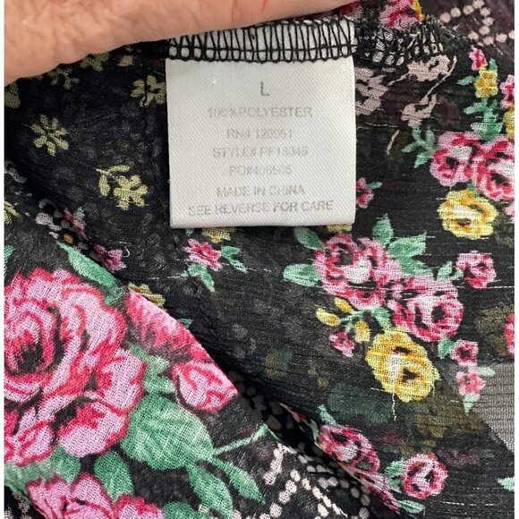 PINK ROSE Womens Sheer Boho Floral Top Large Black Multi Chiffon Slouch Pockets - Picture 8 of 16